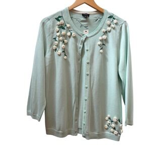 Talbots Women's Mint Green‎ Embroidered Floral Cardigan Sweater Size L